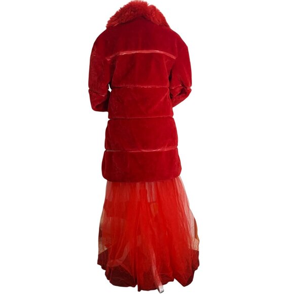 Red Faux Fur Long Coat + Sheer Tulle Open Skirt Overlay For Women Size XL - Picture 3 of 7